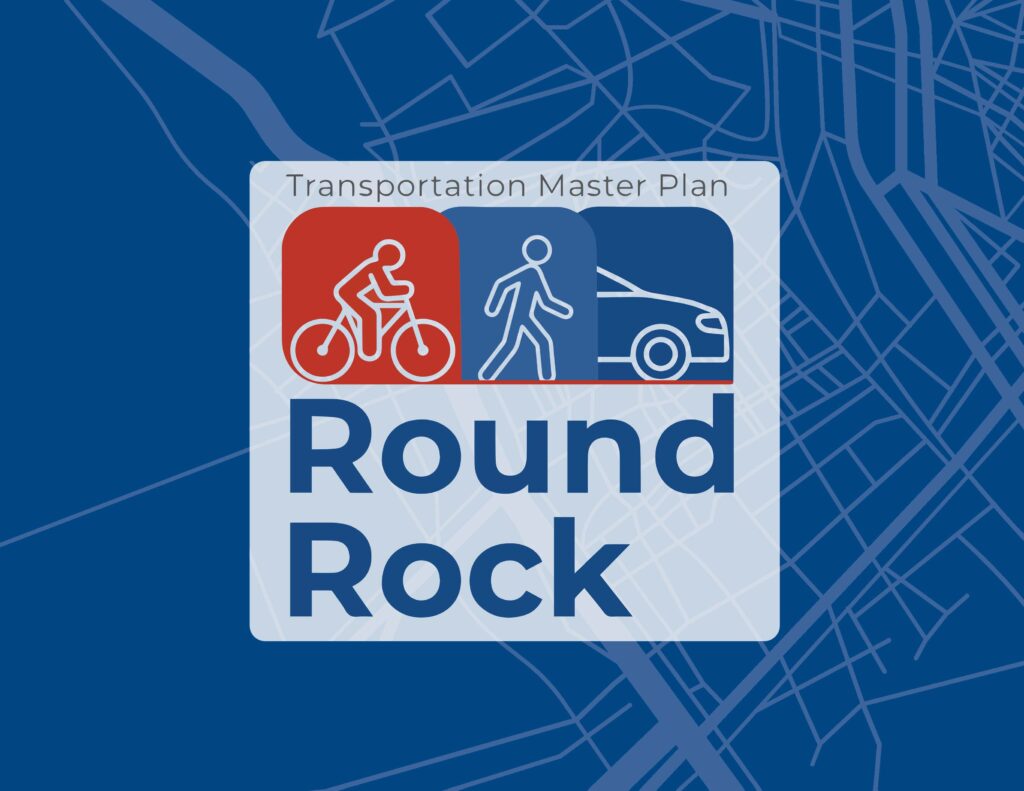Picture of the Transportation Master Plan cover page with the words "Transportation Master Plan" and "Round Rock" below a graphic that shows a cyclist, pedestrian, and car.